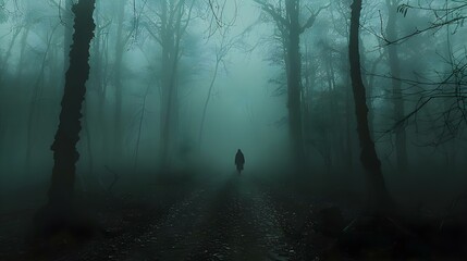 Mysterious Figure Shrouded in Misty Forest Solitude. Concept Enigmatic Figure, Misty Forest, Solitude, Mystery, Nature Photography - obrazy, fototapety, plakaty