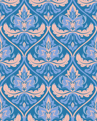 Seamless damask pattern. Blue and beige vector ornament. Oriental background for a wallpaper, textile, carpet, wrapping paper. - 789720826