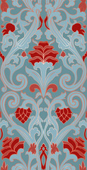 Vintage floral pattern. Blue and red template for textile, carpet, tapestry, wallpaper, rug. - 789720837