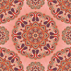 Floral indian pattern with mandala. Pink vector beautiful background. Color template for textile, carpet, shawl.