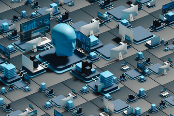 AI Head Surrounded by Technological Devices