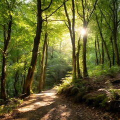Obraz premium scenic path winds through a lush forest, dappled sunlight filtering through the dense canopy of trees and casting a golden glow on the woodland floor