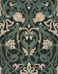 Floral green and beige background. Seamless pattern with stylized birds and pomegranates.