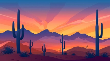 Illustration of a Desert Scene with Cacti, Mountains, and a Warm Sunset Sky, Depicting the Tranquil Essence of the Southwest