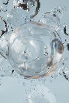 3D Render of Dynamic Water Droplets in Mid-Air with Clear Blue B
