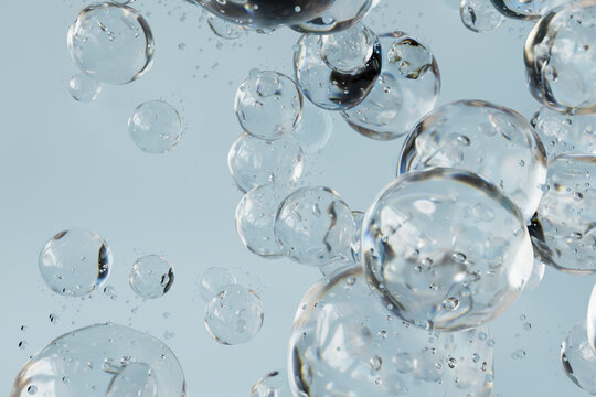3D Render of Assorted Water Droplets in Air with Light Blue Back