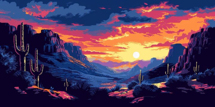 Pixel Art Illustration of a Desert Canyon at Sunset, Combining the Nostalgia of Retro Gaming with the Beauty of Natural Landscapes