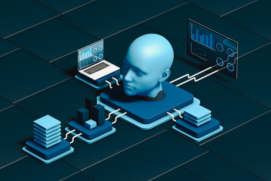 AI Head Surrounded by Technological Devices