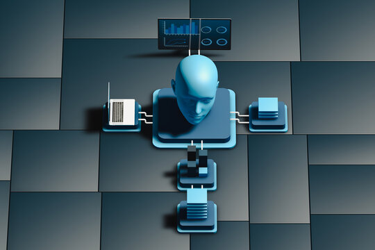 AI Head Surrounded by Technological Devices