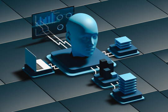 AI Head Surrounded by Technological Devices