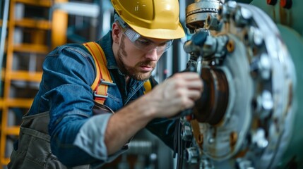 A seasoned tradesman donning a hard hat and tool belt diligently working on a large industrial machine with confidence and mastery. .