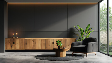 Dark contemporary waiting room interior with wooden sideboard, small coffee table and comfortable black armchair on concrete floor, Minimalist Scandinavian design, Mock up, 3d rendering