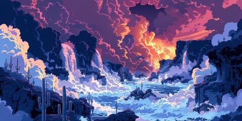 Pixel Art Style Illustration of a Mystical Valley with Lava Falls under a Stormy Sky