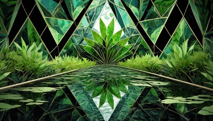 Creative arts merge with nature in a stunning design featuring water, green triangles, and tints on a black background. This intricate pattern showcases symmetry inspired by terrestrial plants