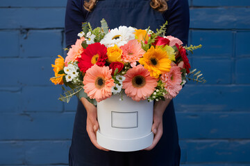 Bright aster, rose, and gerbera bouquet in delivery box