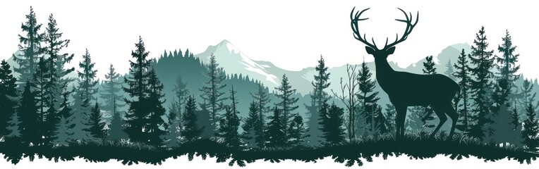 Wild Deer Silhouette in Forest: Camping Wildlife Landscape Panorama Icon Vector for Logo