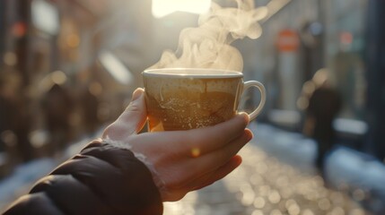 The steam rising from a cup of hot coffee held between two steady hands on a brisk city morning. .