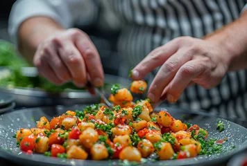 Fotobehang Chef, food and hands in kitchen for plating, professional and presentation for service in restaurant. Vegetable, salad and potatoes for meal prep, cook and apron with ingredients for vegan cruise © Peopleimages - AI