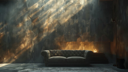 Gray velour sofa in a dark room the bright light from eternal light, and artificial fireplace, Interior loft with concrete walls