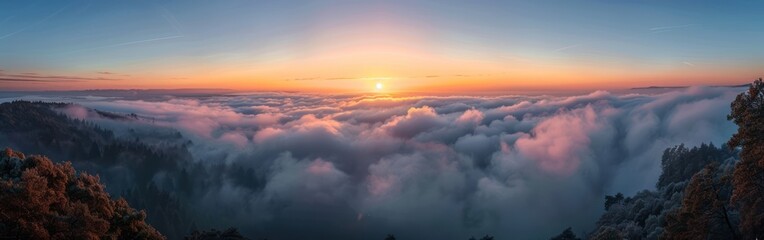Enchanting Sunset Panorama of Black Forest Fog Landscape - Perfect Background Banner