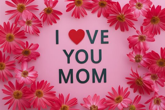 I love you Mom with pink flowers on background