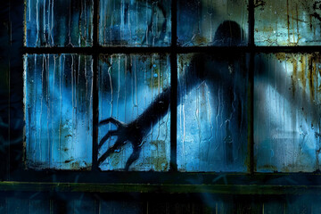 Spooky silhouette outside a grunge covered wet dirty window, scary shadow figure on a rainy night