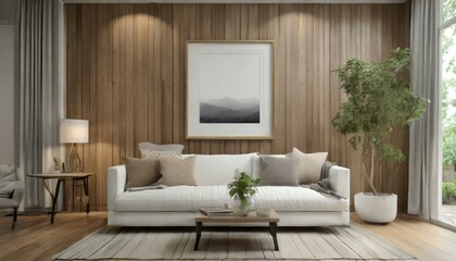 modern living room with a white couch and a rectangular picture frame on the woodpaneled wall, creating a comfortable and stylish interior design