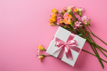 Pink gift box and flowers adorn Mothers Day background