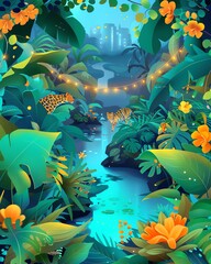 A digital painting of a lush jungle at night. There is a river running through the middle of the jungle and a jaguar and a tiger are drinking from it. The city can be seen in the background.