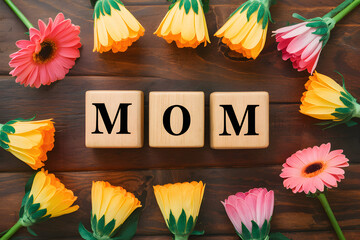 Mom themed greeting card with toy blocks and flowers for Mothers Day