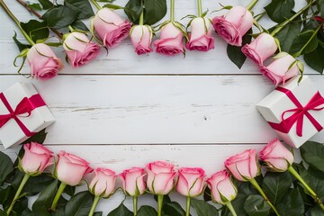 Pastel pink roses and gift boxes with white wooden setting