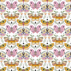 Garden Beauty. Seamless Abstract Pattern with Butterflies, Flowers, and Leaves