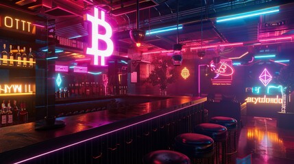 Holographic Bitcoin symbol takes center stage in a neon-lit cyberpunk club. Elite gather for crypto discussions. .