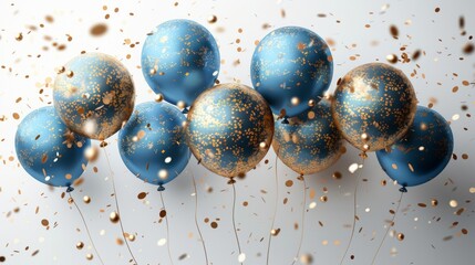 Gold and blue foil balloons with confetti. Modern illustration for anniversary, birthday, sale, promotion and party design. - obrazy, fototapety, plakaty