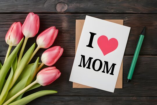 Photo Pink tulips and I love mom card on table