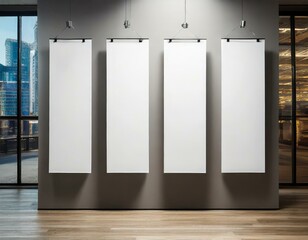 four blank white vertical banners are hanging on a wall, ready for customization and display