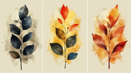 This modern set of botanical wall art represents a collection of foliage line art drawings and abstract shapes. Artwork for print, cover, wallpaper, as well as minimalism. Modern illustration. - obrazy, fototapety, plakaty