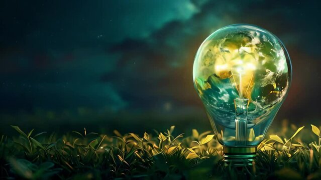 light bulb with smart thinking and environmentally friendly measures to protect the planet. Earth day, light, natural energy concept. Using eco-light technology.The idea of electricity.