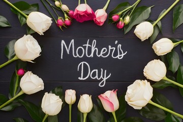 Top view showcases Mothers Day essentials and arrangements - obrazy, fototapety, plakaty