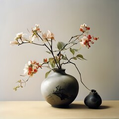 A vase adorned with Japanese flower art and flowers