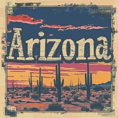 Rustic Arizona Desert Sunset Poster with Vintage Effect and Cactus Silhouette