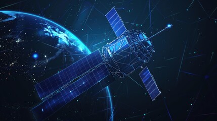Satellite artificial is flying over the globe from futuristic polygonal blue lines and glowing stars for banner, poster, greeting card. AI generated