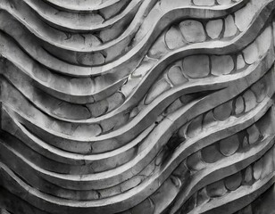 monochrome photograph showcasing an urban design pattern of waves on a concrete wall, creating a striking visual arts display with a symmetrical and artistic appeal