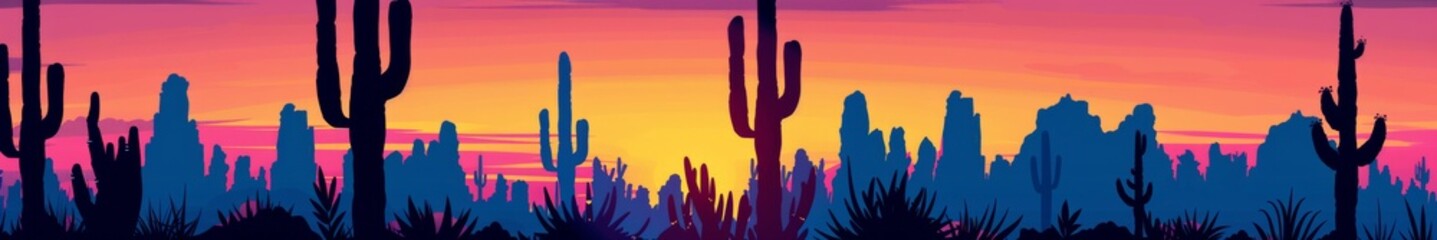 Panoramic View of Desert Vegetation Silhouettes Against a Dramatic Sunset - obrazy, fototapety, plakaty