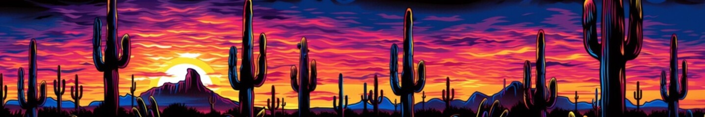 Long Exposure of Desert Sunset with Saguaro Cacti and Dramatic Cloudscape