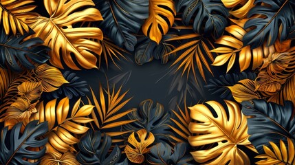 Modern gold and black tropical plant background. Golden tropical palm, coconut tree, split-leaf Philodendron plant, jungle plants line art on white background. - obrazy, fototapety, plakaty