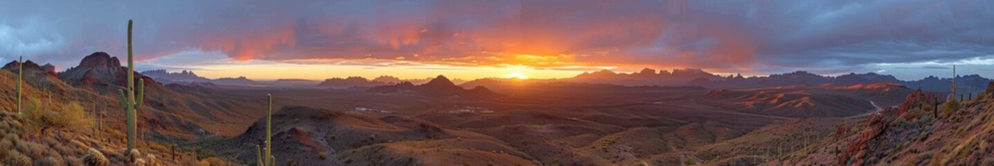 Expansive Panoramic View of Desert Sunset with Dynamic Skies and Rugged Terrain
