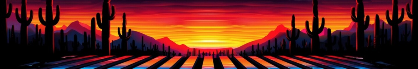 Panoramic Sunset in the Desert with Stylized Silhouetted Cacti, Dramatic Gradient Sky and Striped Ground, Artistic Background for Wall Art and Screen Savers - obrazy, fototapety, plakaty