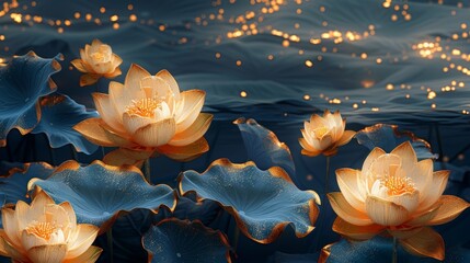 An elegant background design with golden lotuses. Lotus flowers line arts for banners, prints, invitations, and packaging. Modern illustration.