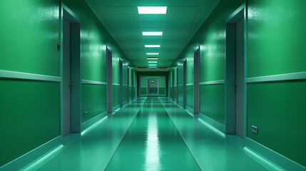 Interior of illuminated passage with green walls in modern hospital